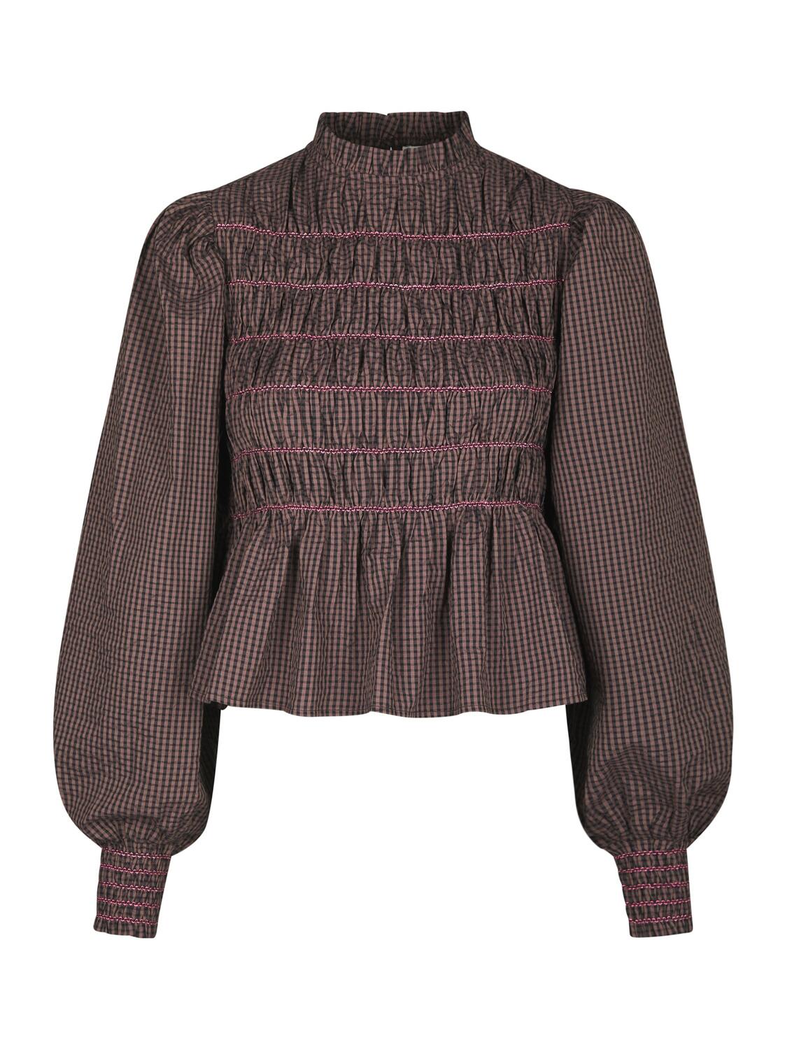 Oliana Check bluse med pufærmer – Dusty Brown